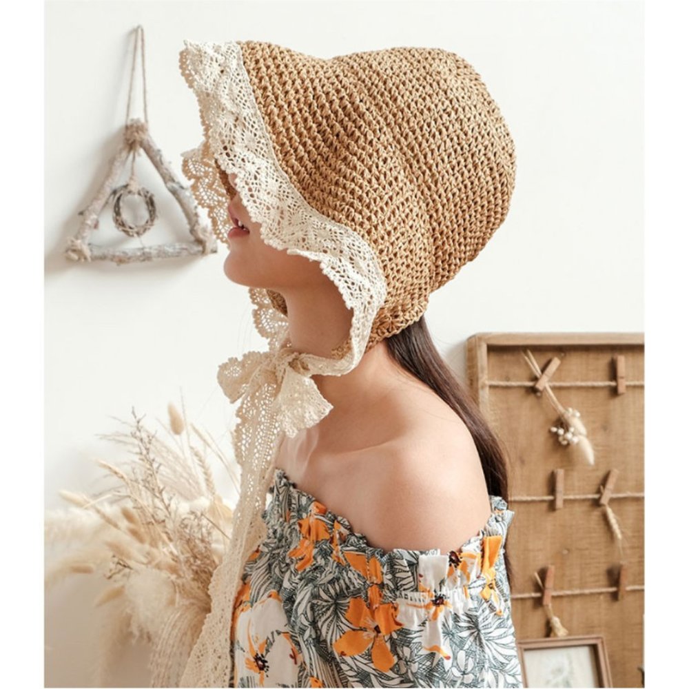 Straw Hat With Lace Tie Brown